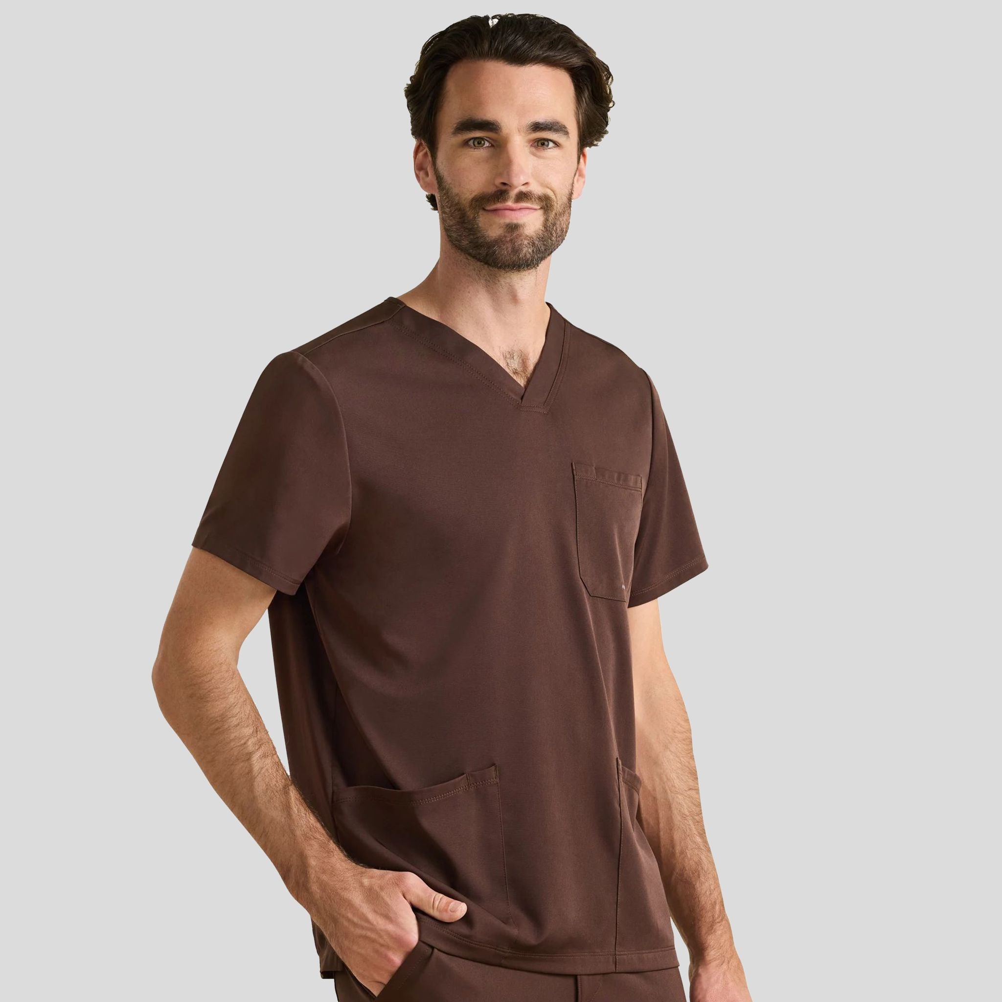 Men's Matthew V-Neck Solid Scrub Top | Dark Chocolate